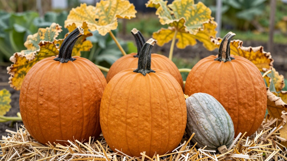 Three ripe deep-orange pumpkins with dried corky stems and a grey-green winter squash resting on straw in a UK vegetable garden bed, with yellowing pumpkin leaves behind them in overcast late September light