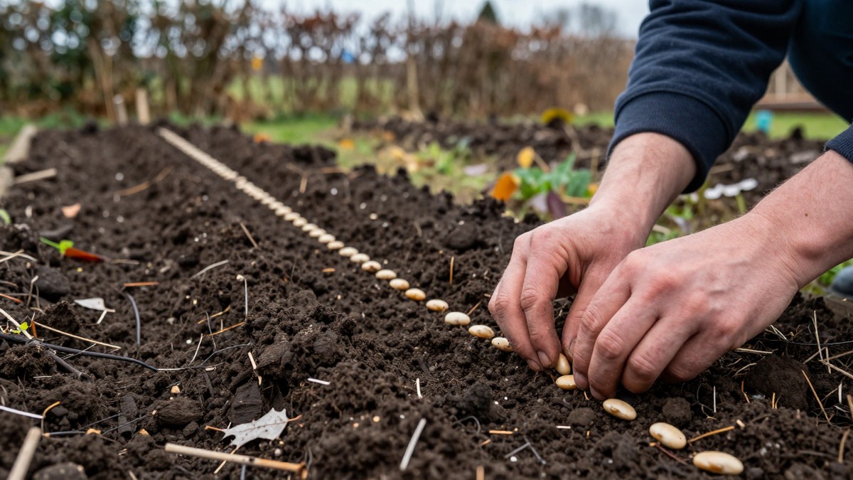 Hands sowing pale broad bean seeds into a shallow drill in dark soil on a UK allotment in late autumn