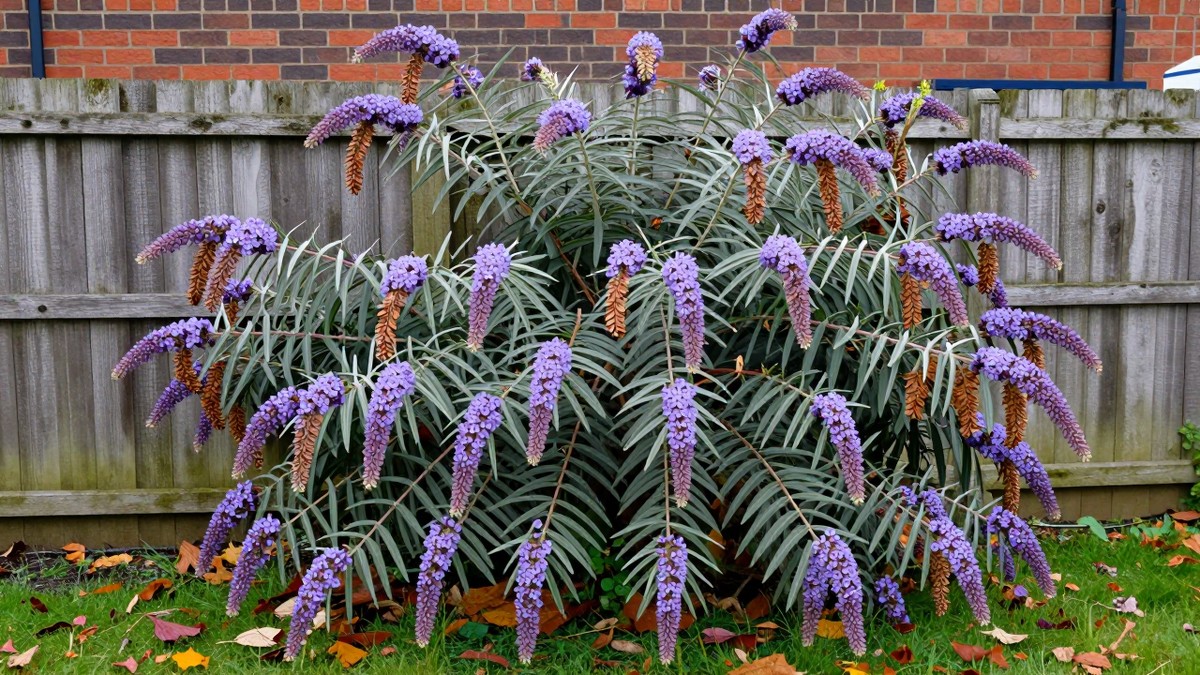 A Buddleja davidii in early autumn beside a timber fence with a brick wall behind it, arching branches carrying tapering purple flower panicles next to brown papery spent flowerheads, narrow grey-green leaves and fallen leaves on damp grass