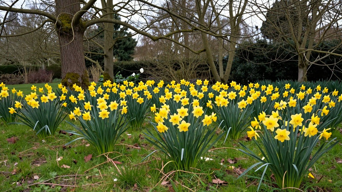 A broad drift of yellow trumpet daffodils in full flower, naturalised in rough grass beneath bare deciduous trees on an overcast early spring day