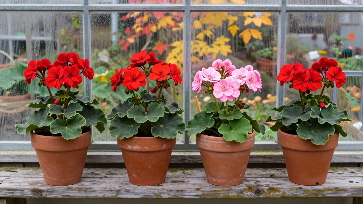 Red and pink pelargoniums in terracotta pots on a greenhouse bench in autumn, some already cut back for overwintering