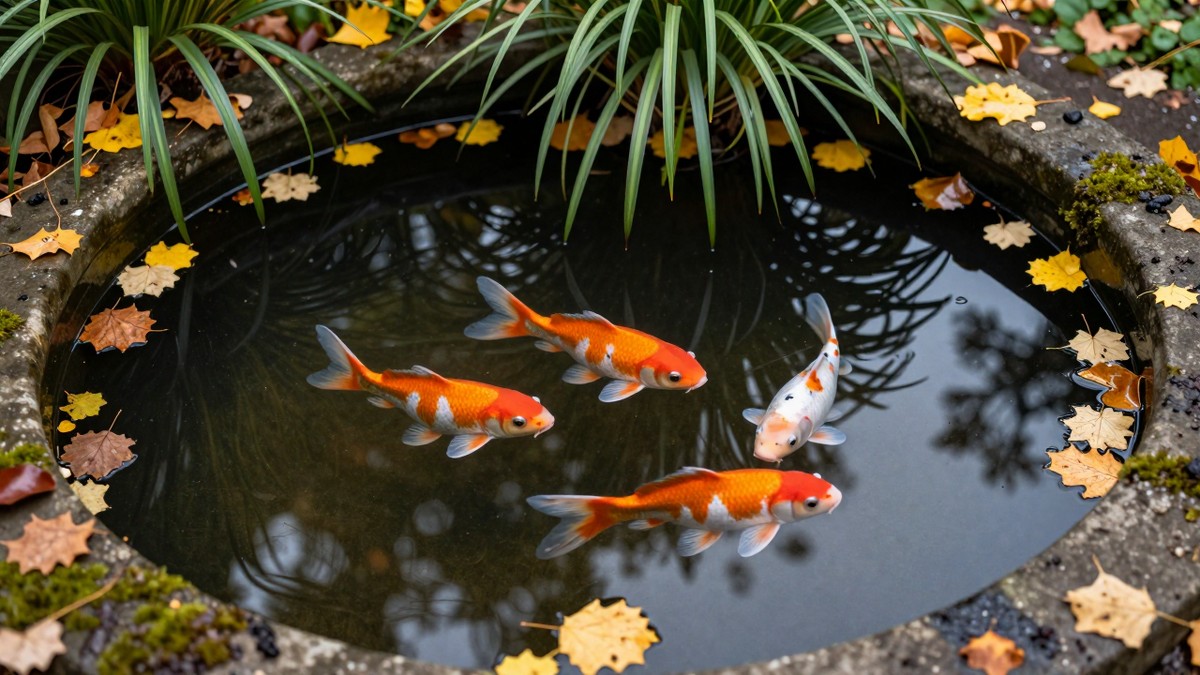 Four orange and white goldfish just below the still dark surface of a UK garden pond in early autumn, with fallen yellow and brown leaves floating on the water and scattered across the mossy stone rim, and ornamental grasses behind