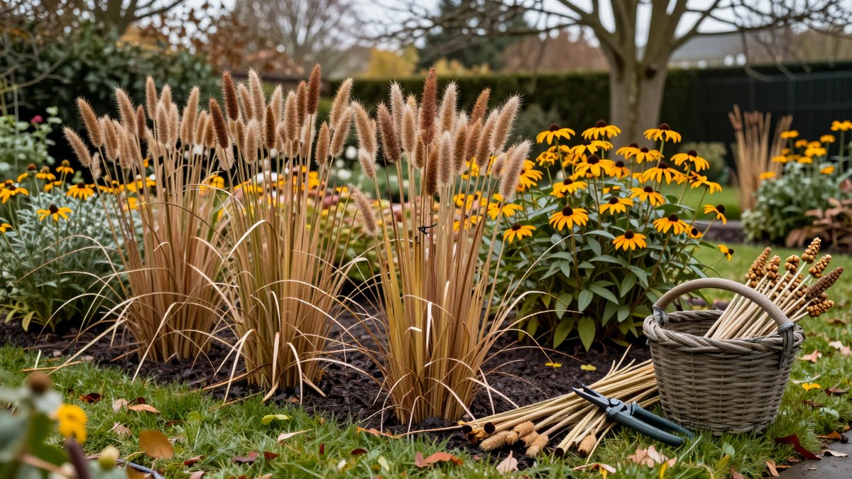 An autumn border in a UK garden with ornamental grass seedheads and rudbeckia left standing, beside a bundle of cut perennial stems, a wicker trug and secateurs on the grass