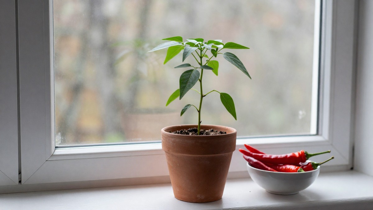 A single chilli plant in a small terracotta pot on a bright indoor windowsill in autumn, with a bowl of ripe red chillies beside it