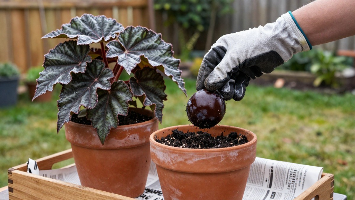 Gloved hands lifting a brown tuberous begonia tuber out of a terracotta pot in a UK garden in autumn, with a newspaper-lined wooden tray ready for drying