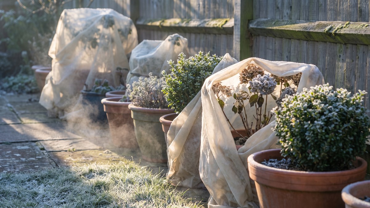 Garden plants and pots wrapped in horticultural fleece for frost protection on a frosty UK morning
