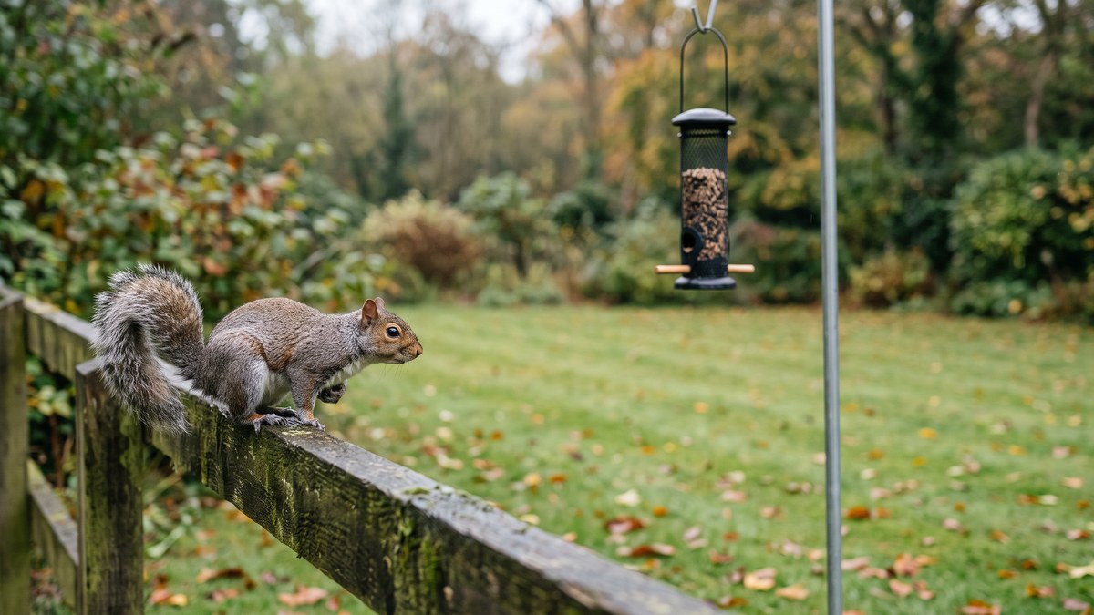 Grey squirrel on a garden fence rail eyeing a bird feeder on a metal pole in a UK garden