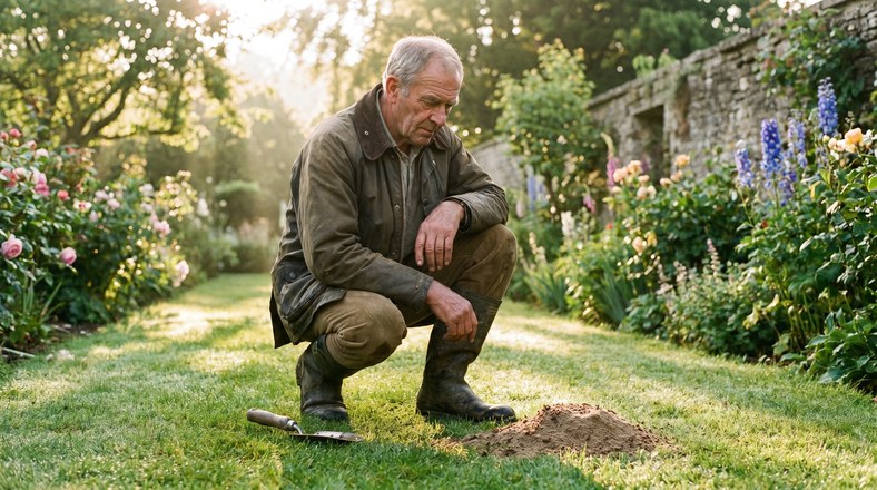 A gardener crouched on a lawn examining a small ant nest heap in the grass