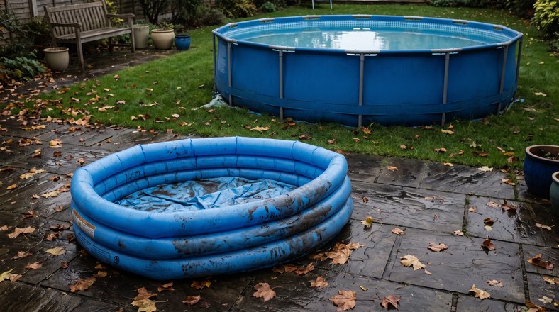 Small Easy Set pool drained for storage beside a metal frame above ground pool being winterised in place