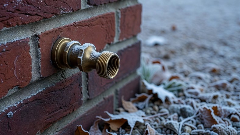 Bare brass outside tap with the garden hose disconnected before the first UK winter frosts