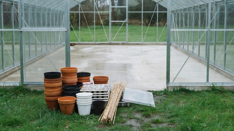 Greenhouse emptied of pots, trays and staging onto the lawn ready for a winter clean