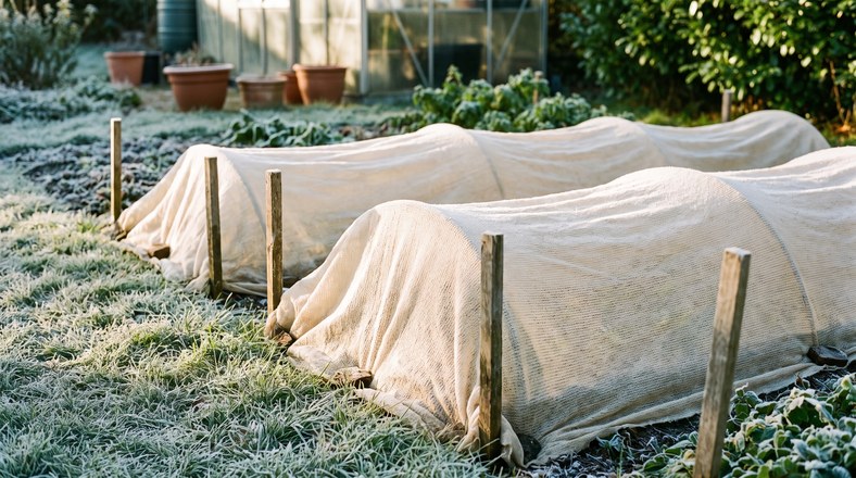 Garden beds covered with horticultural fleece pegged down to protect plants from overnight frost in the UK