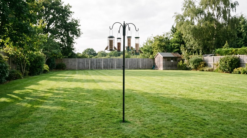 Bird feeding station on a metal pole standing in open lawn well away from fences in a UK garden