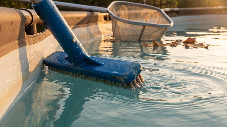Brushing the liner of an above ground pool during a final deep clean before winterising