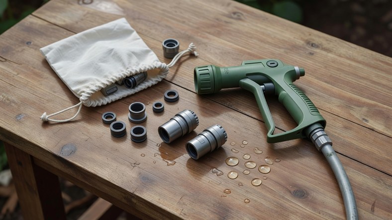 Spray gun, hose connectors and washers drained and laid out on a bench before winter storage