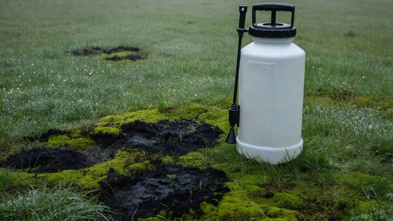Pressure sprayer on an autumn lawn where moss is turning black after iron sulphate treatment
