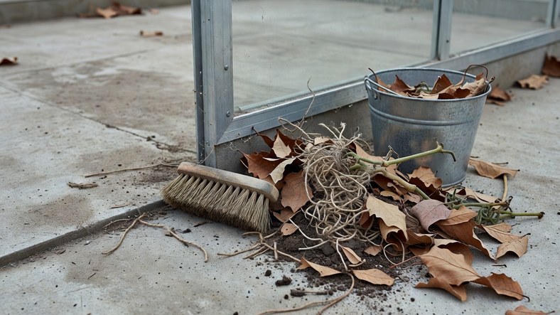 Sweeping leaf litter and old compost off a greenhouse floor before winter to clear overwintering pests