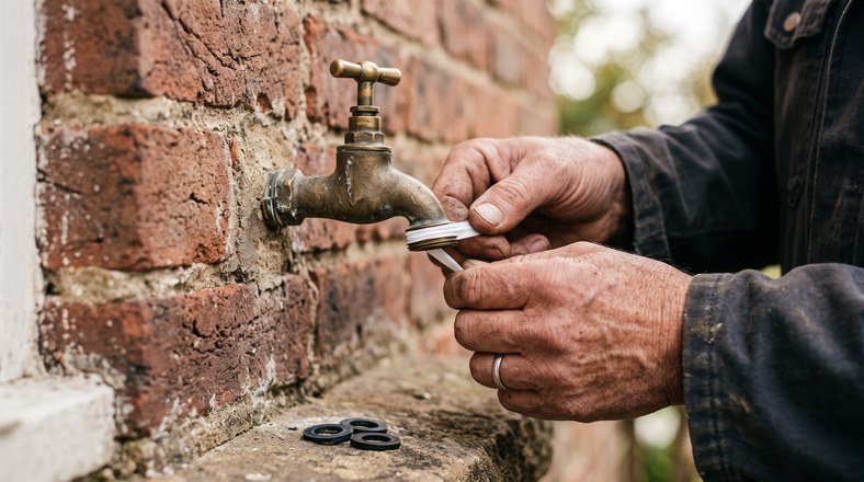 Wrapping PTFE tape around an outside tap thread to stop a hose connector leaking