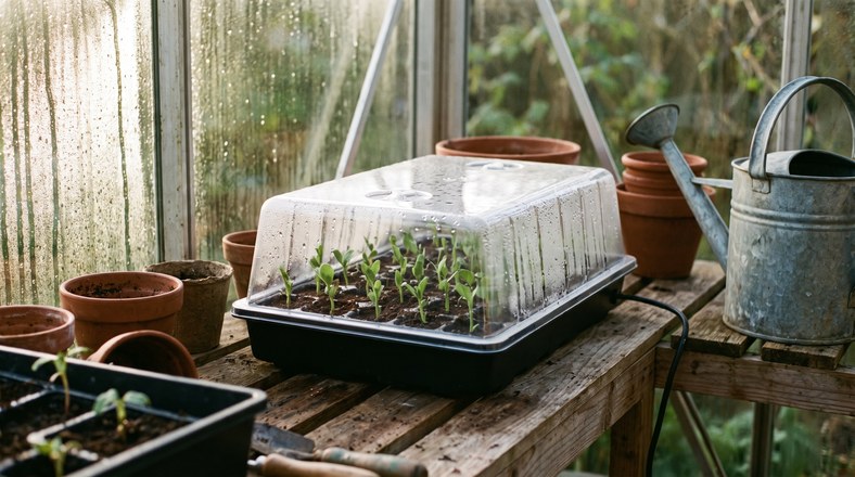 Heated propagator raising sturdy autumn-sown broad bean and sweet pea seedlings on UK greenhouse staging