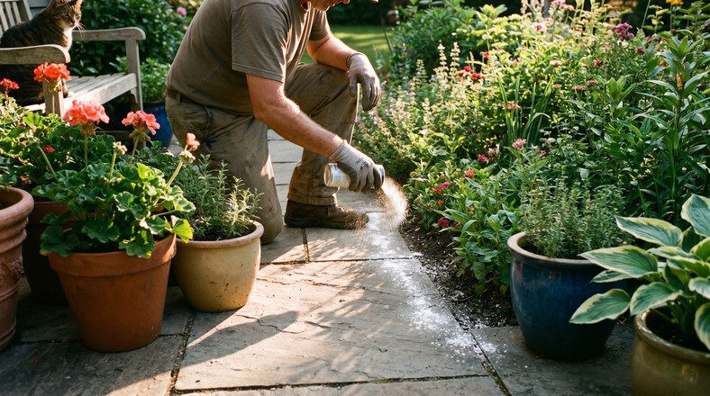 A gardener applying ant powder along the edge of a patio beside potted plants