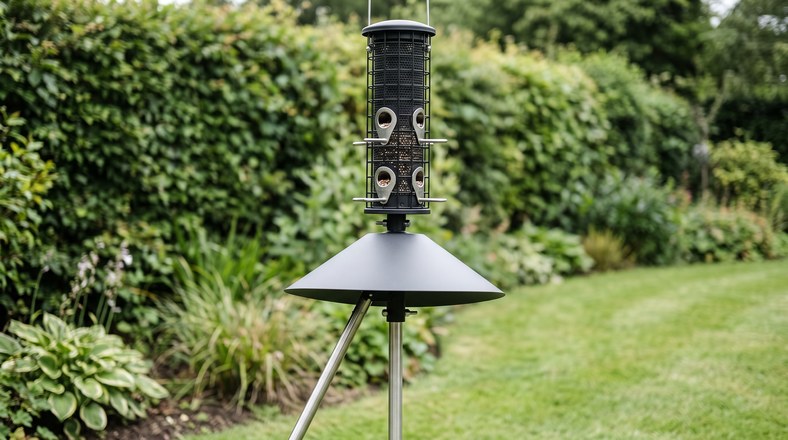 Squirrel proof caged tube bird feeder on a pole with a cone baffle fitted beneath it