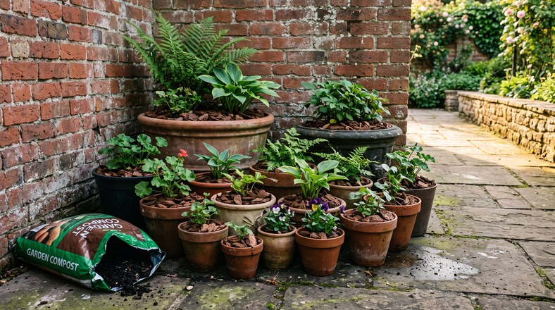 Garden pots grouped in shade with bark mulch to slow drying while away on holiday
