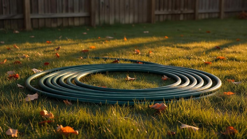 Garden hose drained and coiled in wide loops on a UK lawn before winter storage