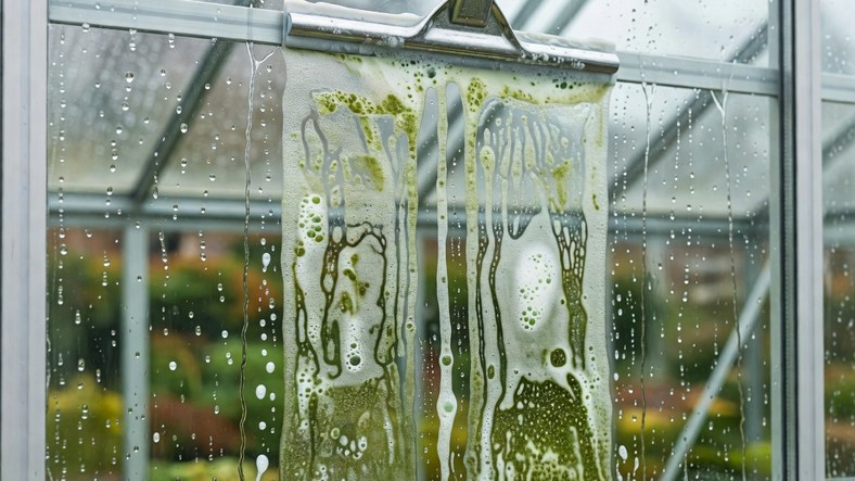 Washing greenhouse glass with soapy water and a squeegee before winter in the UK