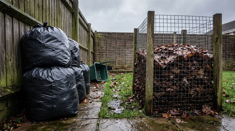 Bin bags of autumn leaves stacked beside a wire mesh leaf mould bin in a UK garden