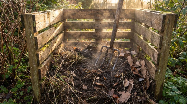 Turning a compost heap with a garden fork to stop flies breeding