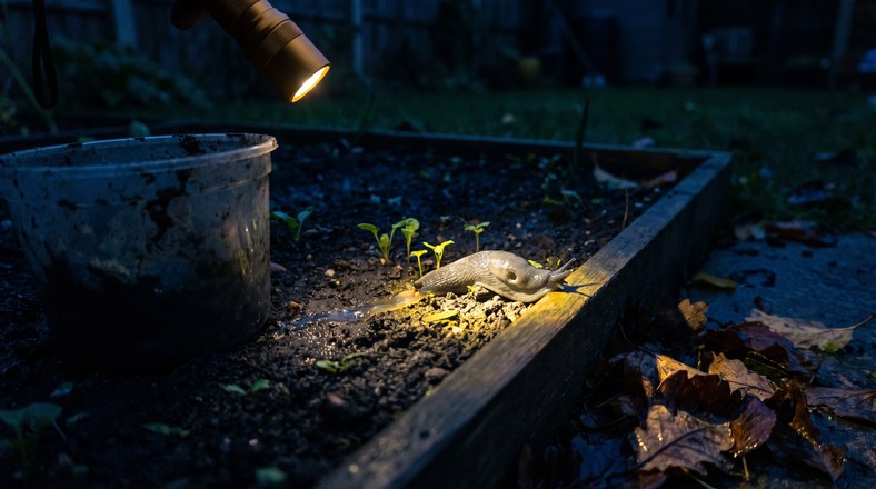 Torchlight dusk patrol finding a slug beside autumn seedlings in a UK garden at night