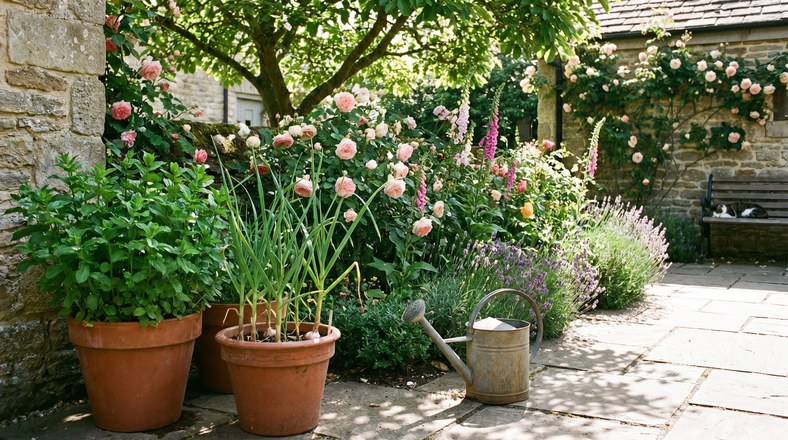 Pots of mint and garlic on a patio beside a flower bed with a watering can