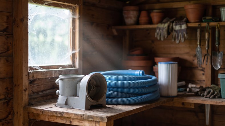 Pool pump, hoses and filter cartridge stored dry in a shed to protect them from frost over winter