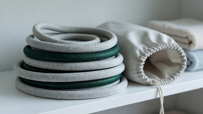 Expandable garden hose contracted and coiled indoors for frost-free winter storage
