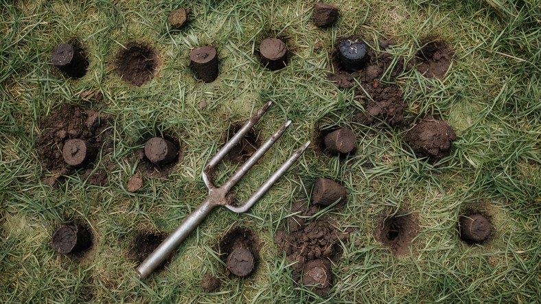 Hollow-tine aerator and extracted soil plugs relieving compaction on a UK lawn in autumn
