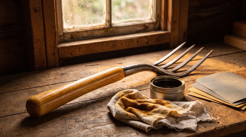 Garden fork with freshly oiled wooden handle beside linseed oil and rags during winter tool care