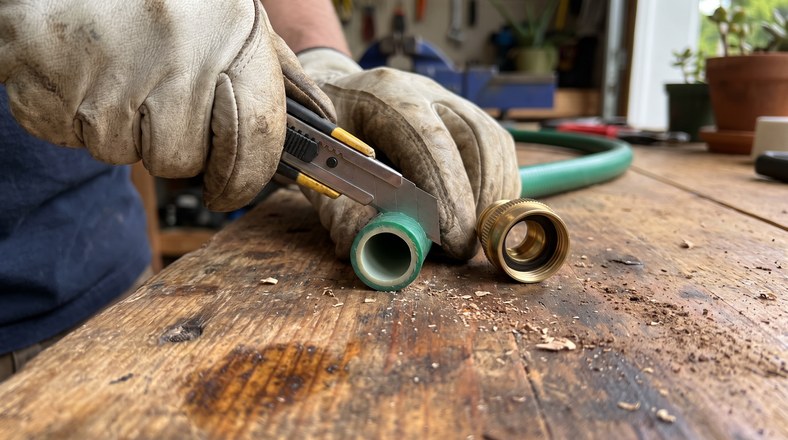 Cutting back a worn garden hose end before refitting the hose connector