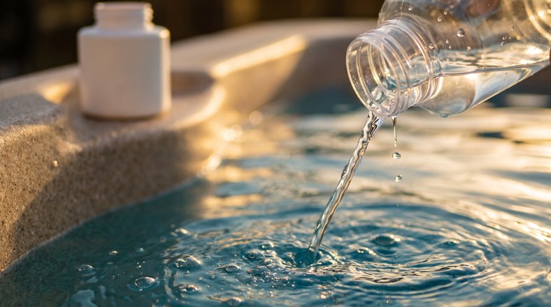 Pouring a capful of hot tub clarifier into swirling water to clear the last of the cloudy haze