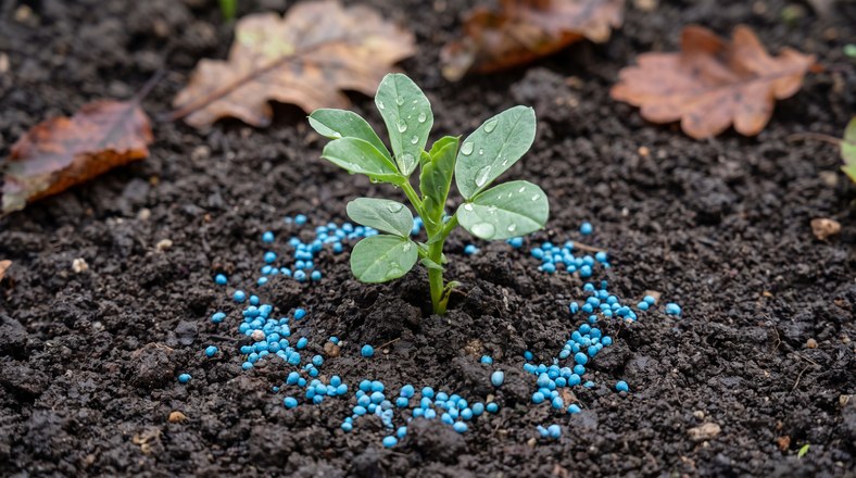 Thin ring of ferric phosphate slug pellets protecting a young broad bean seedling in autumn
