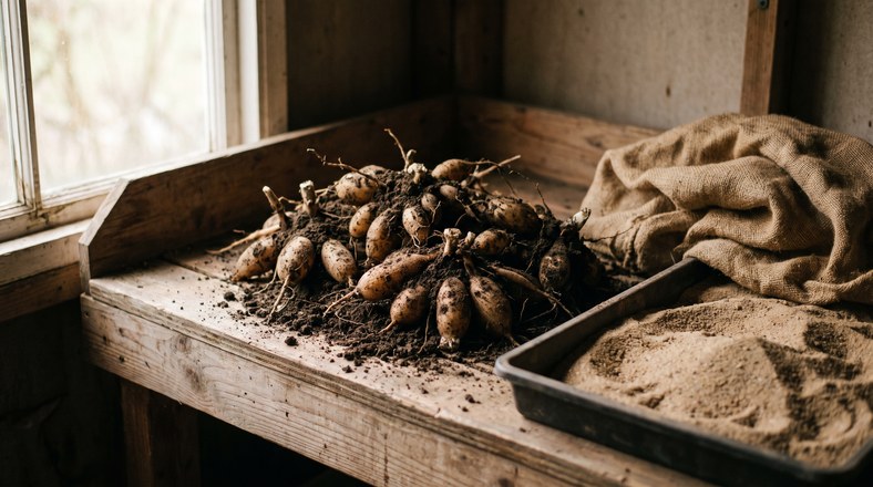 Lifted dahlia tubers on a potting bench ready for frost-free storage to overwinter tender plants in the UK
