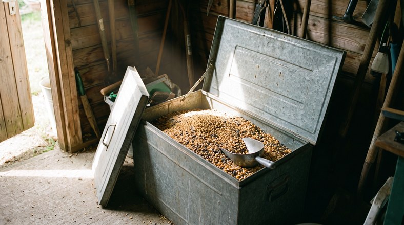 Bird seed stored in a galvanised metal bin with a lid in a garden shed to stop squirrels chewing in