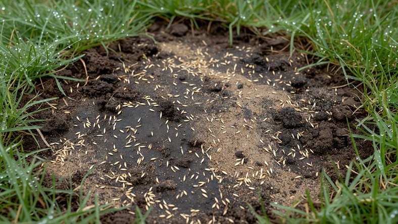 Grass seed sown over a bare patch after autumn moss removal and scarifying in a UK lawn