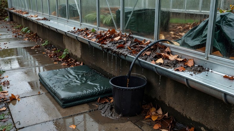 Clearing leaves and sludge from a greenhouse gutter before winter, with a bucket and a kneeler on the path