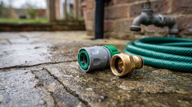 New plastic and brass garden hose connectors ready to replace a cracked fitting