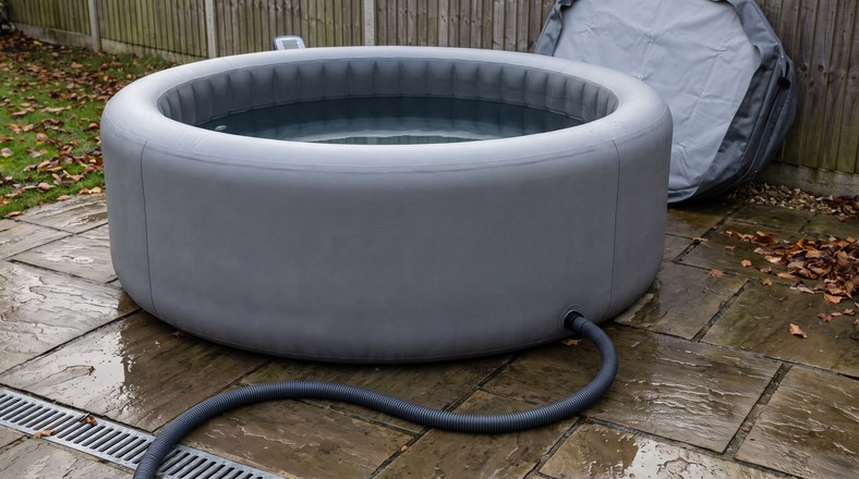 Partly drained inflatable hot tub with a drainage hose on a UK patio ready for a fresh refill