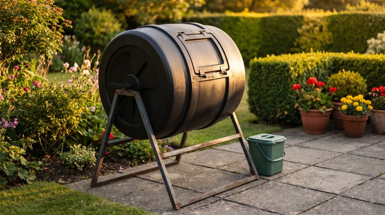 Sealed compost tumbler in a UK garden keeping flies away from food waste