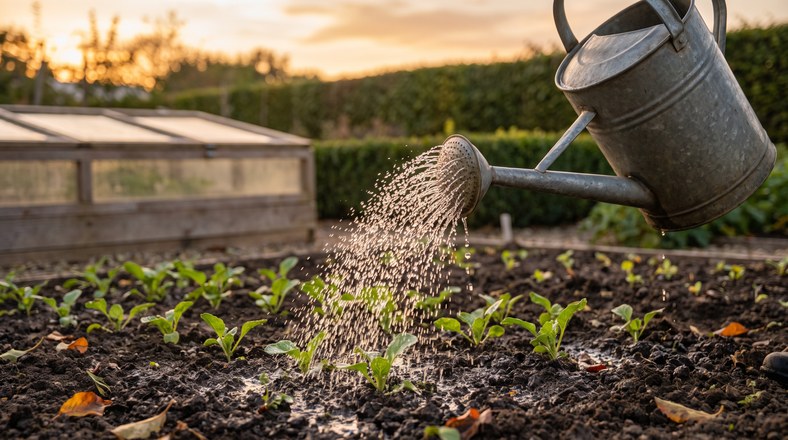 Watering slug nematodes onto moist autumn soil around seedlings while the ground is still warm