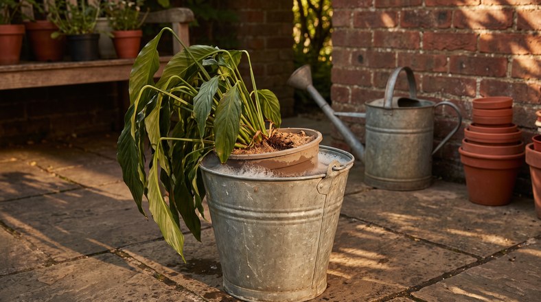 A dry pot standing in a bucket of water to revive it after a holiday, with a watering can ready