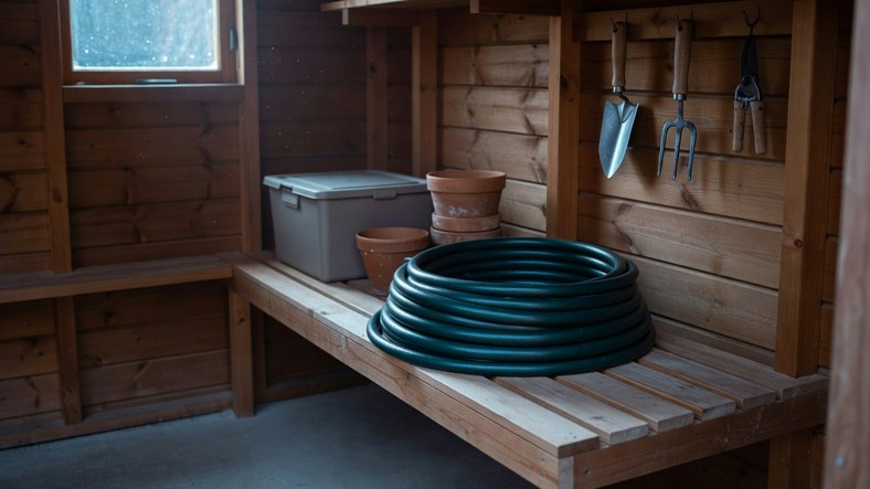 Drained garden hose stored off the floor on a shelf in an unheated UK shed for winter