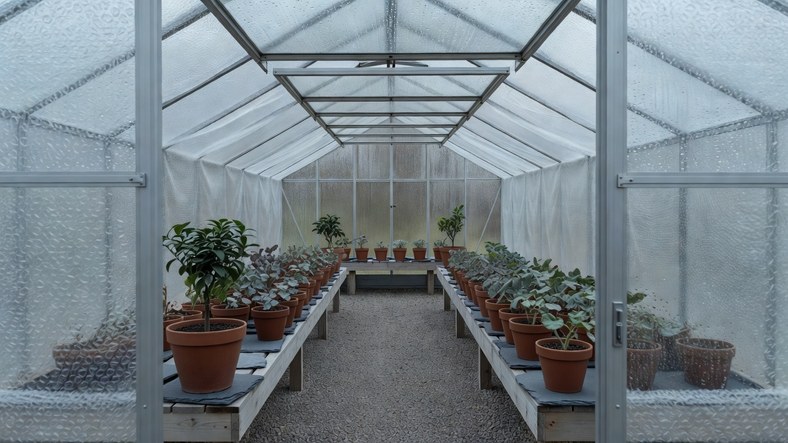 Cleaned greenhouse insulated with bubble wrap and set up with spaced overwintering pots for a UK winter